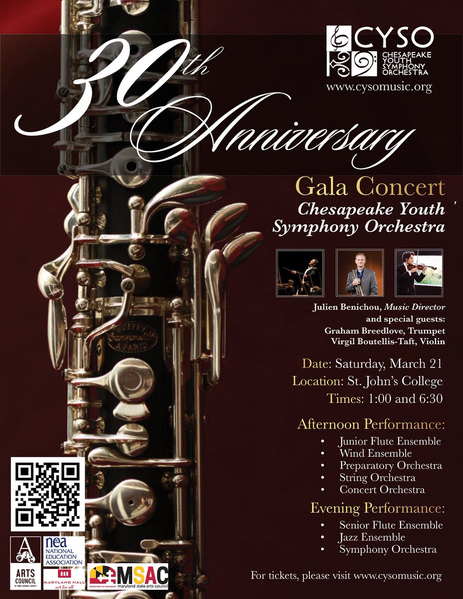 We're celebrating 30 years of igniting passion for music! Join us Sat., 3/21 <a href="/stjohnscollege/">St. John's College</a> for our CYSO 30th Anniversary Gala 2020 as we celebrate providing a vibrant musical education and performance opportunities for the youth of Central MD bit.ly/3973DwA #Annapolis