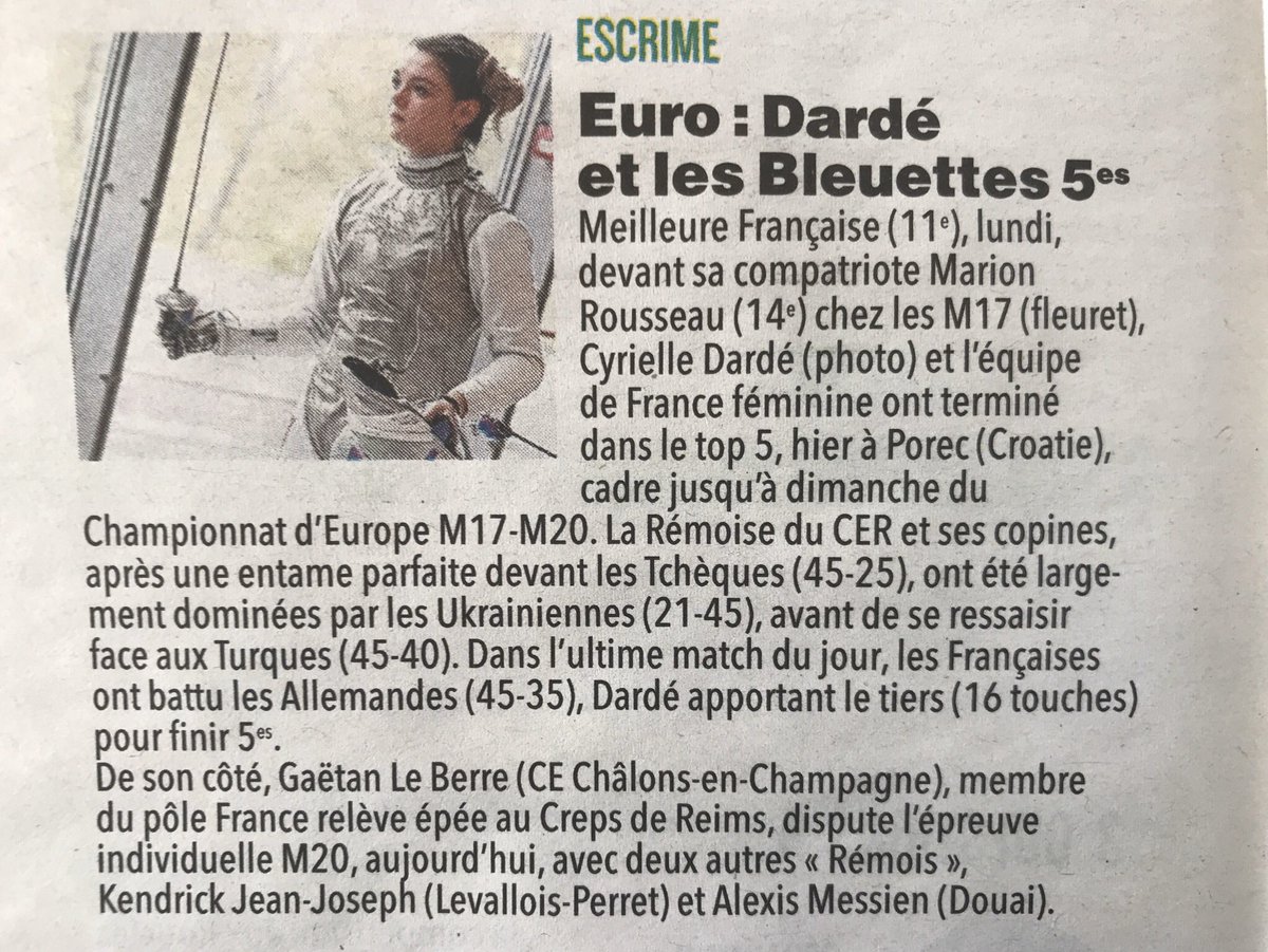 Cyrielle Dardé en très grande forme cette semaine à Porec en Croatie lors des championnats d’Europe.
Toutes nos félicitations à notre fleurettiste.