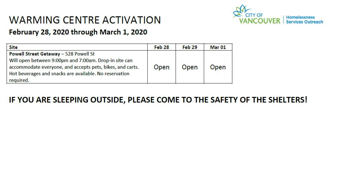CityofVancouver's tweet photo. PLEASE SHARE: Due to the forecast, Powell Street Getaway will open as a warming centre for the next few nights, along with Extreme Weather Response shelters across #Vancouver. If you need to stay warm, you will be welcomed at one of these locations. For details, see tables below: https://t.co/cs2M2dJ61K