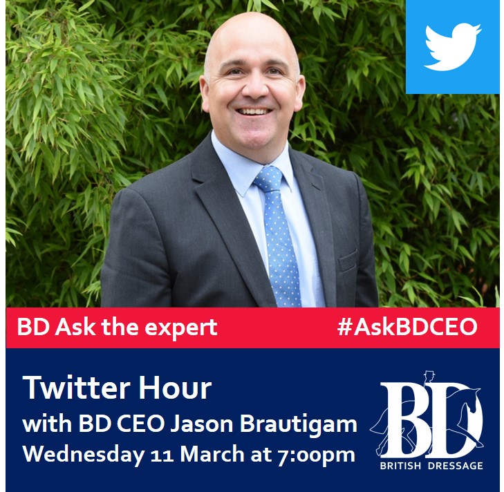 britishdressage's tweet photo. Join us for BD Ask the expert number two on Wednesday 11 March at 7pm - Twitter Hour with BD CEO Jason Brautigam aka @BritDressage We're asking for questions in advance and if time allows, he'll answer live too. More: https://t.co/E8z1upYXwr #AskBDCEO https://t.co/hQJjOAKlsm