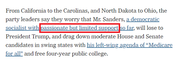 somerbill's tweet photo. This is a weird way to talk about support for a candidate who has won the popular vote in every primary thus far. Would Bernie need 99% of the vote for @nytimes to drop the qualifier, "limited"? Maybe they would let him squeak by with 95%? https://t.co/WvU57KgWDJ