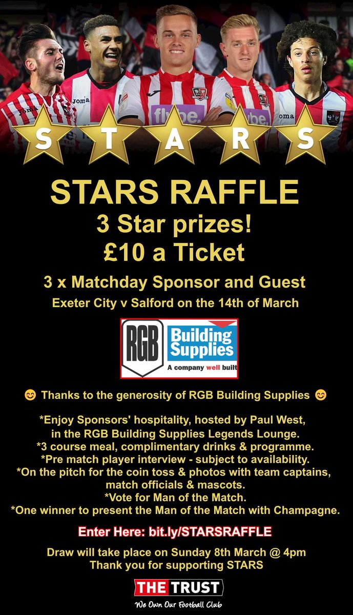 ECFCST's tweet photo. WIN Sponsor's Hospitality at the @OfficialECFC v @SalfordCityFC on 14/03 courtesy of RGB Building Supplies &amp; support the Trust STARS campaign. There are 3 prizes of 2 places on offer! Entry is just £10 per ticket! See image for details &amp; enter here: https://t.co/WNzoeXcpvJ #ECFC https://t.co/fViRYzWXK1
