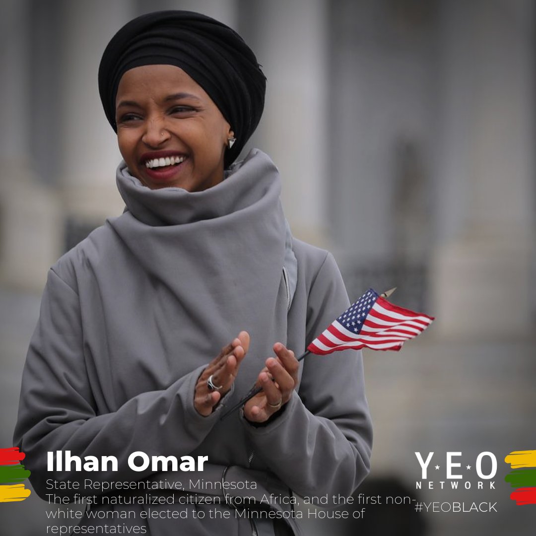 YEOnetwork's tweet photo. Ilhan Omar was elected to the House of Representatives as the first Somali-American, the first naturalized citizen from Africa, and the first non-white woman elected from Minnesota. Ilhan was also one of the first two Muslim women to be elected into the House of Reps #yeoblack https://t.co/Ow8t5SOPfQ