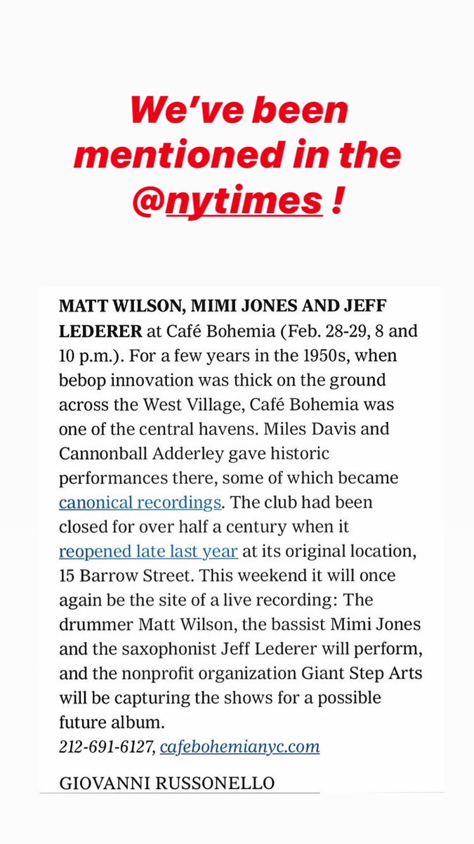 Cafe Bohemia NYC (@cafebohemianyc) on Twitter photo We’ve been mentioned in the <a href="/nytimes/">The New York Times</a> ! Join us tonight + tomorrow for our first live recording in 60 years!!
#cafebohemianyc #nycjazzclubs #westvillagejazz #nyclivemusic #liverecording #jazzhistory We’ve been mentioned in the <a href="/nytimes/">The New York Times</a> ! Join us tonight + tomorrow for our first live recording in 60 years!!
#cafebohemianyc #nycjazzclubs #westvillagejazz #nyclivemusic #liverecording #jazzhistory