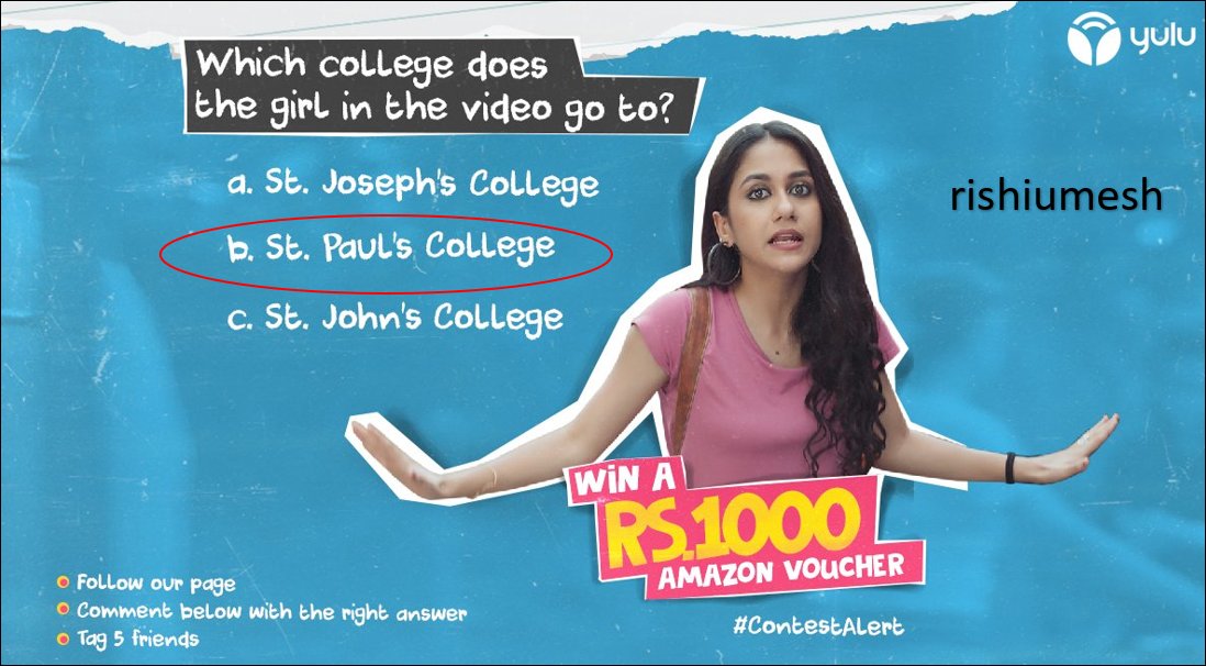rishiumesh's tweet photo. @YuluBike Ans:- (B) St. Paul's College 
#Yulu #Yulubike #answerandwin #contestgiveaway #contestalert #contest 
@mohitdudeja06 @Manisht09131293 @V_D_001 @akhileshkumarap @Nidhi04990676 
https://t.co/fMAb5wMMpn https://t.co/1TxMcETyeR