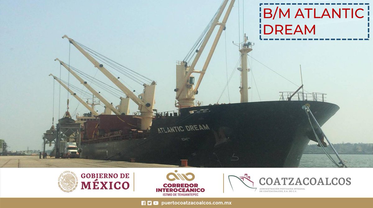 coatzaport's tweet photo. #BuenasTardes #OperaciónEnMuelle ⚓️🚢🏗
B/M ATLANTIC DREAM
Atracado en el M-1/2 para #Desemb. de 30,000 tonS de #GranelAgricola, llevando un avance de 25,087 tons.

A cargo del cesionario: #Multiver 

#CIIT
#ComunidadPortuaria
#ProgramaIStmo

@Programa_Istmo 
@GobiernoMX https://t.co/fWdyNpt93I