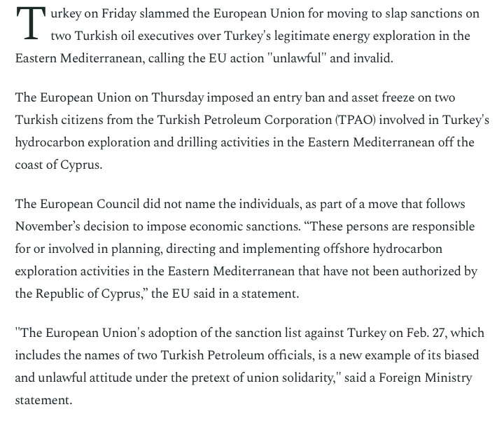 Ankara calls EU sanctions on Turkish citizens over East Med drilling unlawful  https://www.dailysabah.com/business/energy/eu-imposes-sanctions-on-2-turkish-citizens-over-east-med-drilling-activities  #Turkey  #Cyprus  #EEZ  #EEZs  #Libya  #GNA  #EastMed