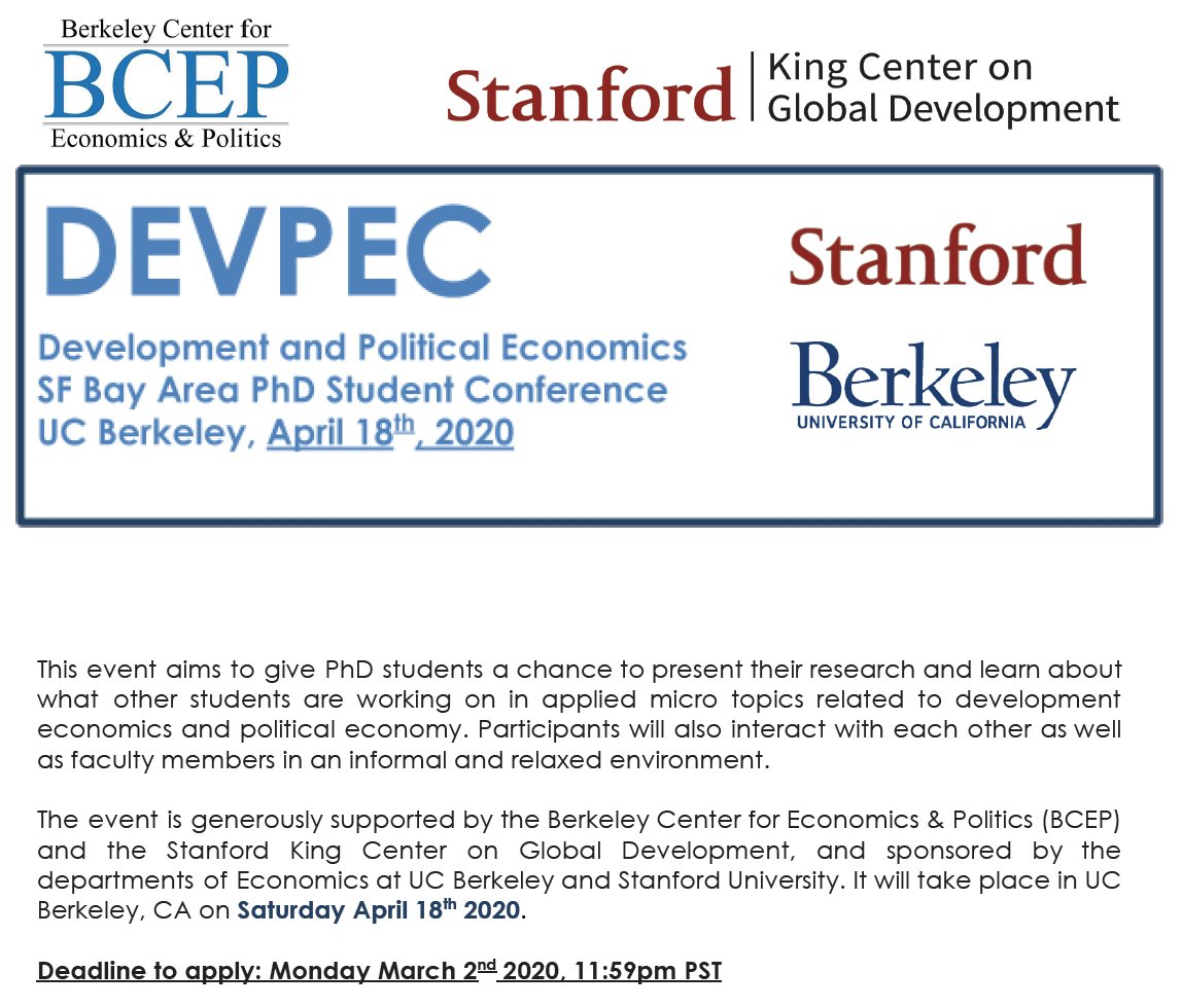 Lukas Leucht (@lukasleucht) on Twitter photo We still accept submissions until Monday for the Development and Political Economics SF Bay Area PhD Student Conference (DevPEC)! Berkeley is hosting the conference on April 18, and we are excited to have <a href="/pereztruglia/">Ricardo Perez-Truglia</a> as our keynote speaker. We still accept submissions until Monday for the Development and Political Economics SF Bay Area PhD Student Conference (DevPEC)! Berkeley is hosting the conference on April 18, and we are excited to have <a href="/pereztruglia/">Ricardo Perez-Truglia</a> as our keynote speaker.