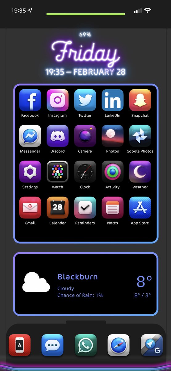 J4YZ_N's tweet photo. My setup tonight 🔥

#Theme Aurora Beta by @Axel4Punk 
#SB_Widget Folds (Widget) by @lazynagy 
#SB_Widget Mune - Neon Edition by Meshal
#Dock Iconic Dock by @mike130784 

Also can’t forget to mention

Xen Html by @_Matchstic 
iThemer by @DODGraphics 
Checkra1n by @checkra1n https://t.co/qDmik7mfbV