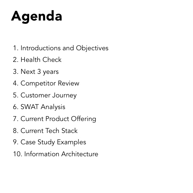 markcpurdy's tweet photo. People often ask us what goes into a Discovery and Strategy Session. 
The truth is, it’s always specific to the client, but we always use these 10 headers to steer the day.
#strategy #digitaltransformation https://t.co/fmE8wGmb70