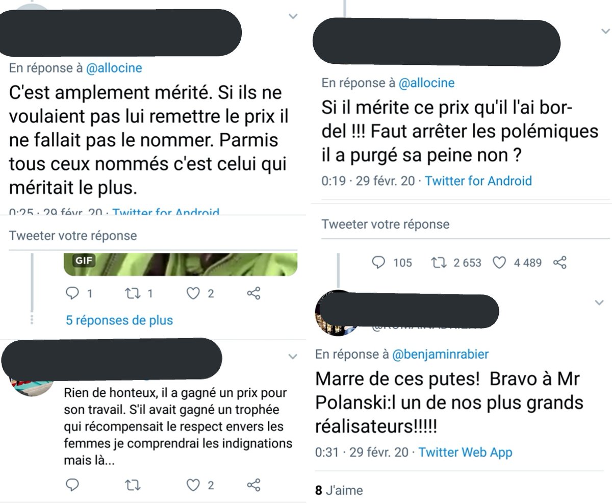 TearsDeMascu's tweet photo. La honte.

Les "erreurs" de Polanski :

X, 10 ans.
X, 16 ans.
Mallory 29 ans.
X, 9 ans.
Renate, 15 ans.
Robin, 16 ans.
Valentine, 18 ans.
Marianne, 10 ans.
X, 15 ans.
X, 12 ans.
Samantha, 13 ans.
Charlotte, 16 ans.

#Cesar2020 #Tocards2020

Bravo Florence Foresti et Adèle Haenel. https://t.co/Ki7uWKp9ZN