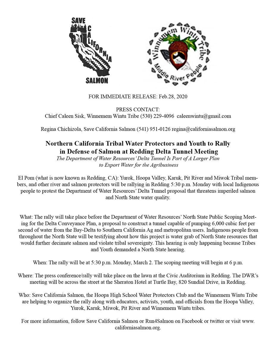 SaveCaliSalmon's tweet photo. This is press advisory on Redding Delta Tunnel Meeting and Rally. A release will be out Monday. Hope to see you there. @pfimrite @dakasler @kpfa @ChicoER @TheYurokTribe @nytimes @damonarthur_RS @DanBacher @boxall @ThadeusGreenson @eurekaTS @latimes @Run4Salmon @mercnews @ggsalmon https://t.co/98e6HN9afQ
