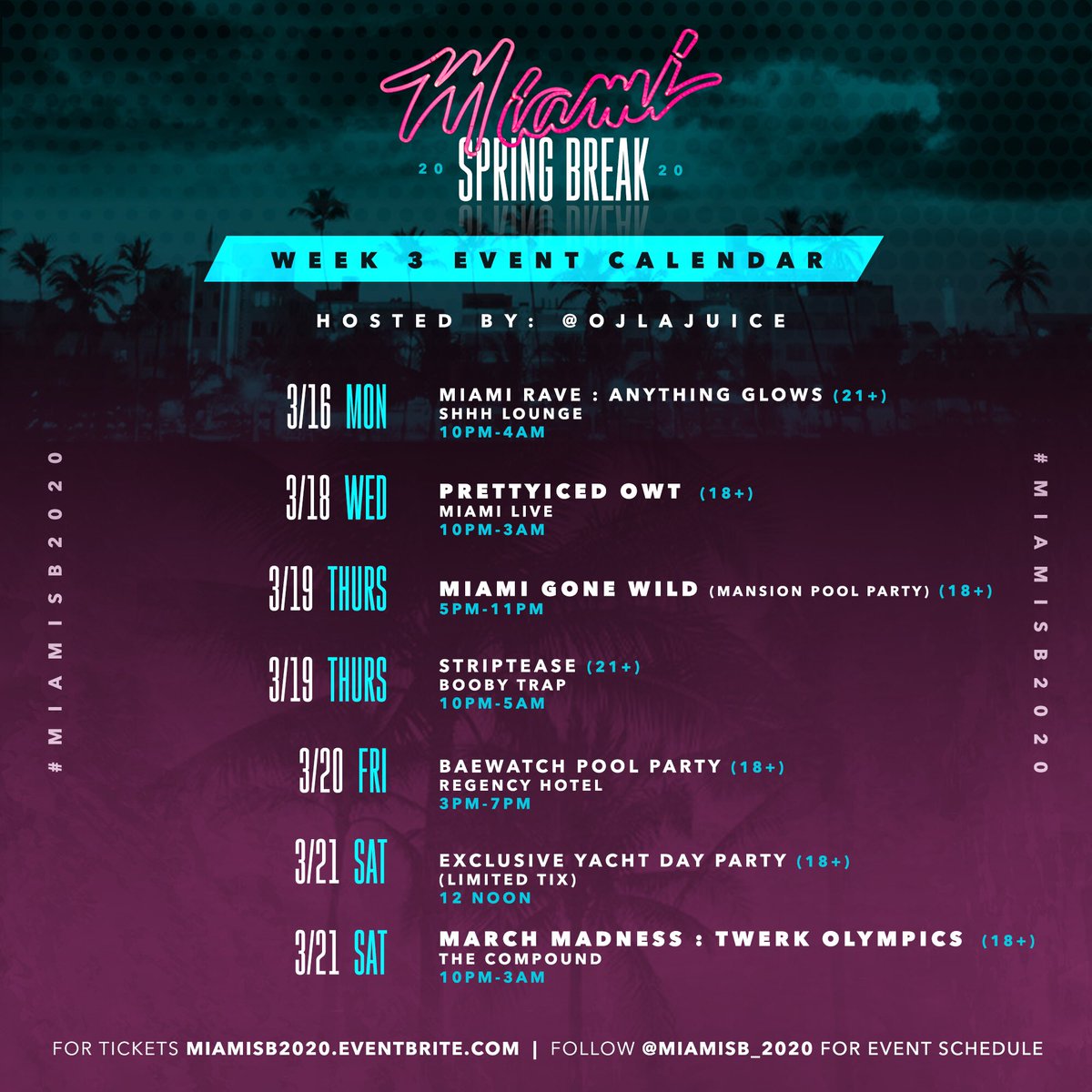 miamisb2023's tweet photo. Miami Spring Break 2020: A Thread 🏝☀️ Full week 2 &amp; week 3 event calendars 🗓 hit the link for tickets before prices go up https://t.co/pd5CxymF6H 📲 https://t.co/z42uWOI8Pa