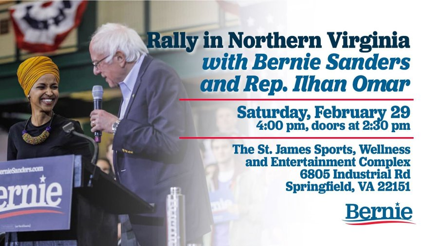 flowerslikesun's tweet photo. "Rally in Northern Virginia w/@SenSanders +@Ilhan!" 🔥
🇺🇸TOMORROW! 2/29/20 4:00 PM
#NorthSpringfield VA #WestSpringfield #Franconia #Annandale #Lincolnia #Newington #Burke #Jefferson #Groveton #Lorton #HyblaValley #FallsChurch #Idylwood, #Fairfax #Alexandria #VA #BernieInVA 🔥 https://t.co/K2GD7bgPGA
