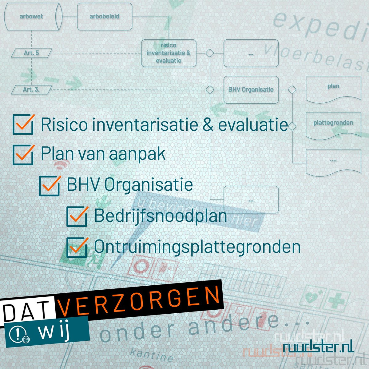 Wij bieden een dynamische #RIE tool waar o.a. de organisatie van de #bedrijfshulpverlening, #bedrijfsnoodplan en de #ontruimingsplattegronden aan bod komen. Alle aspecten houden we tegen het licht en waar nodig verzorgen wij een upgrade tot en met het tekenen van de plattegronden