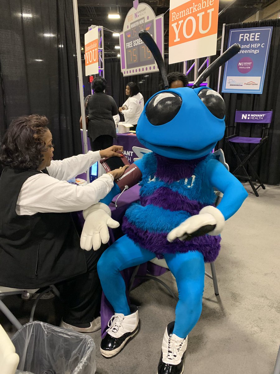 NovantHealth's tweet photo. Even @HugoTheHornet is taking advantage of our free #RemarkableYou health screenings at #CIAAFanFest2020 Health Pavilion! https://t.co/re8Hdvn5L2