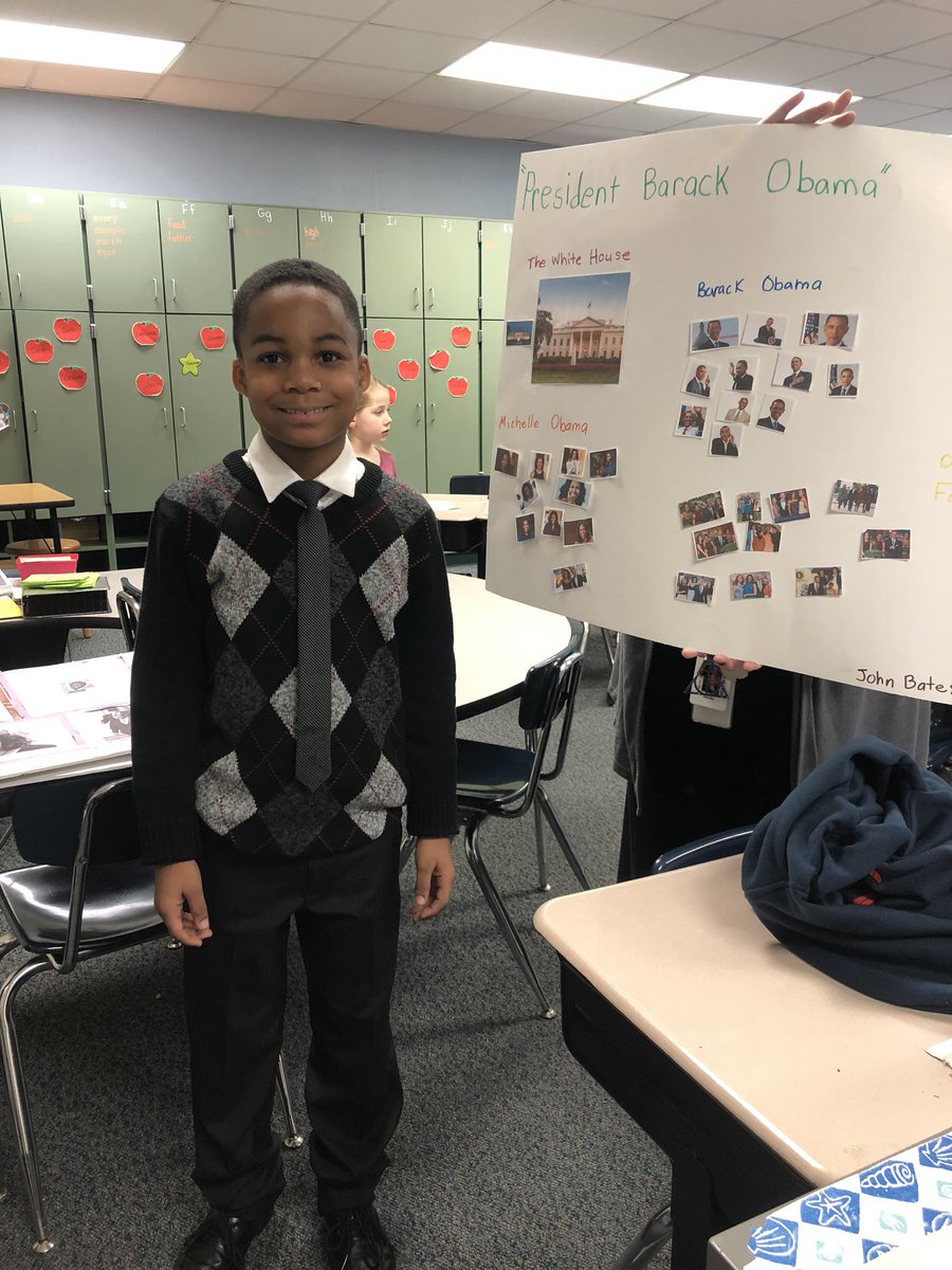 MsBrookeCollins's tweet photo. To end Black History month, this second grade student decided to dress up as Barack Obama to help him support his project! I’m so happy this researcher had the opportunity to practice his research skills about someone he’s passionate about! https://t.co/FTDemMJXf3