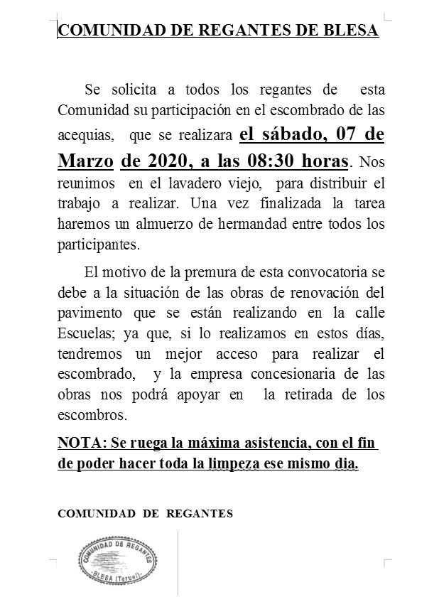 blesateruel's tweet photo. ¿Tienes huerto en Blesa? Anuncio de la comunidad de regantes para ti.  
Se solicita a todos los regantes de esta Comunidad su participación en el escombrado de las acequias. Sábado, 7 de marzo 8:30 h.  Punto de reunión, el lavadero viejo. Almuerzo de hermandad para participantes. https://t.co/ZE7fsWLEfw