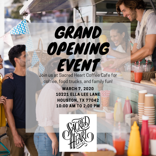 AttackPoverty's tweet photo. Join @sacredheartcoffee next Saturday, March 7, 2020, for their Grand Opening Event! You won't want to miss out on great Coffee, Food, and Family fun.
.
.
.
#nonprofit #bettertogether #community #faithbased #socialenterprise #htxcoffee https://t.co/onZYb3AKk9