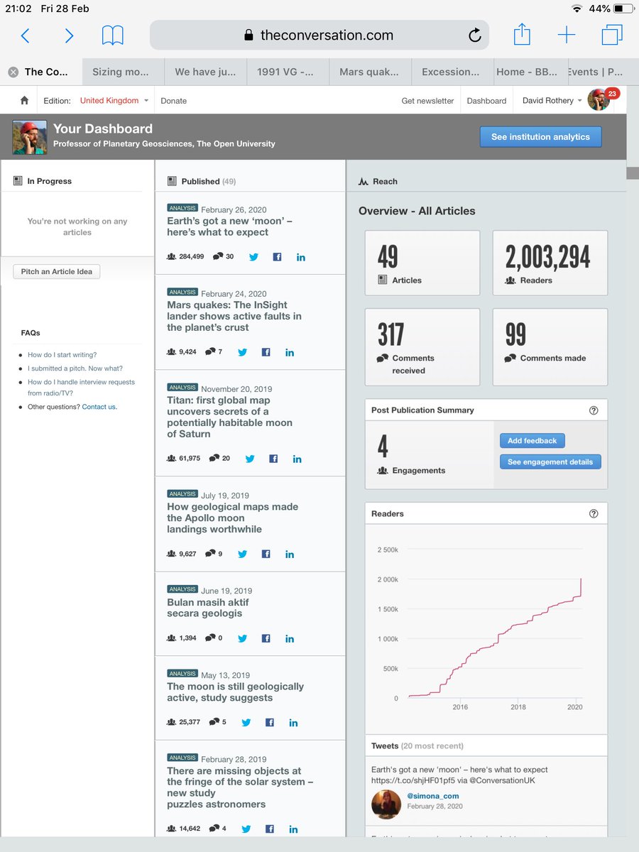 daverothery's tweet image. I’ve joined the 2 million club with @ConversationUK thanks to my piece 2 days ago about Earth’s temporary #minimoon #2020CD3 
Almost caught up with @MonicaGrady who is currently the @OpenUniversity’s most-read author. You can learn about moons for free at futurelearn.com/courses/moons