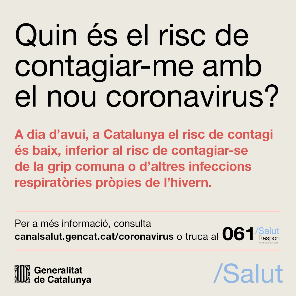 Quin és el risc de contagiar-se del nou #coronavirus? A Catalunya, baix. I inferior a contraure la grip o d'altres infeccions respiratòries de l'hivern.

Tota la info actualitzada a <a href="/salutcat/">Salut</a>