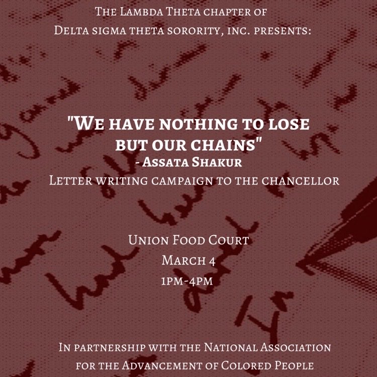With Power in Our Voices, together we can create the change we want to see! Join the Lambda Theta chapter of Delta Sigma Theta Sorority, Inc. &amp; use your voice to help write letters to the chancellor expressing our concerns as students. "We have nothing to lose but OUR chains" ✊🏾