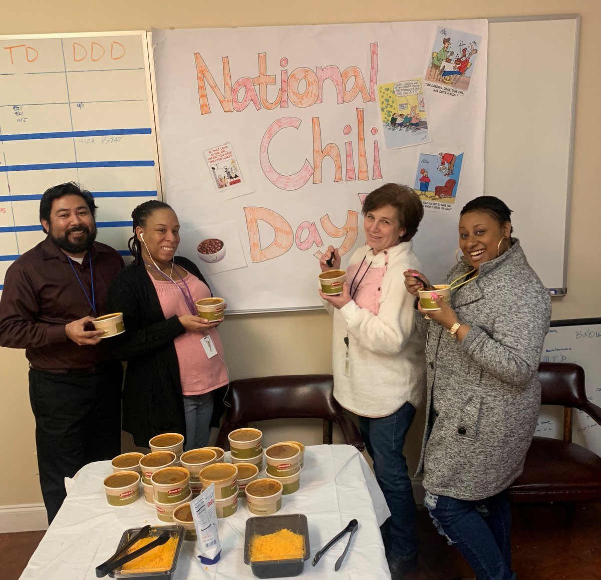 CallJMB's tweet image. Some of our staff chowing down on the chili we got for lunch today! We love #NationalChiliDay! Good eats and good times here at the JMB office! #HappyFriday