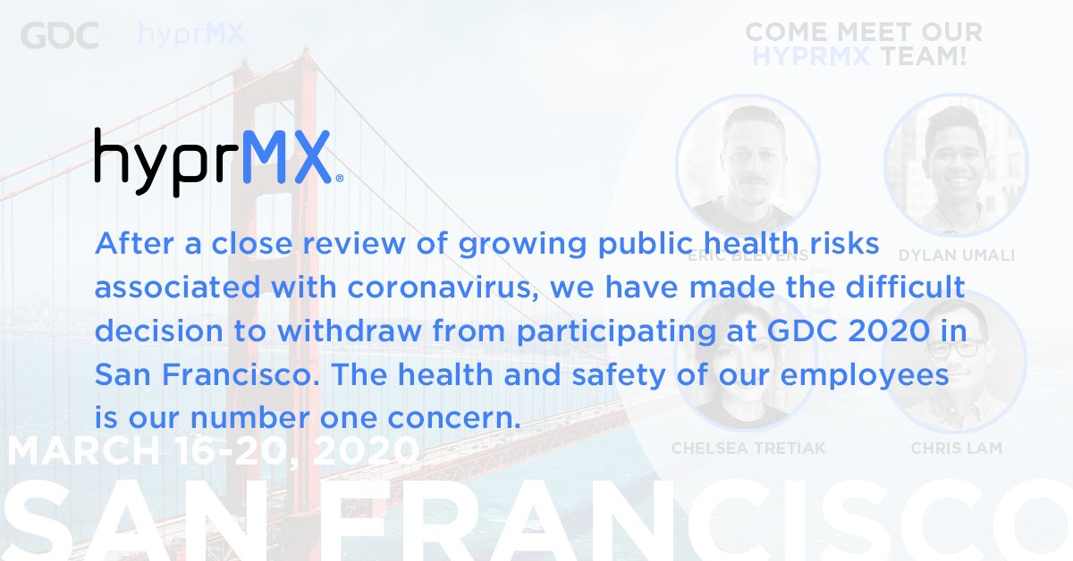 After a close review of growing public health risks associated with coronavirus, we have made the difficult decision to withdraw from participating at GDC 2020 in San Francisco. The health and safety of our employees is our number one concern.