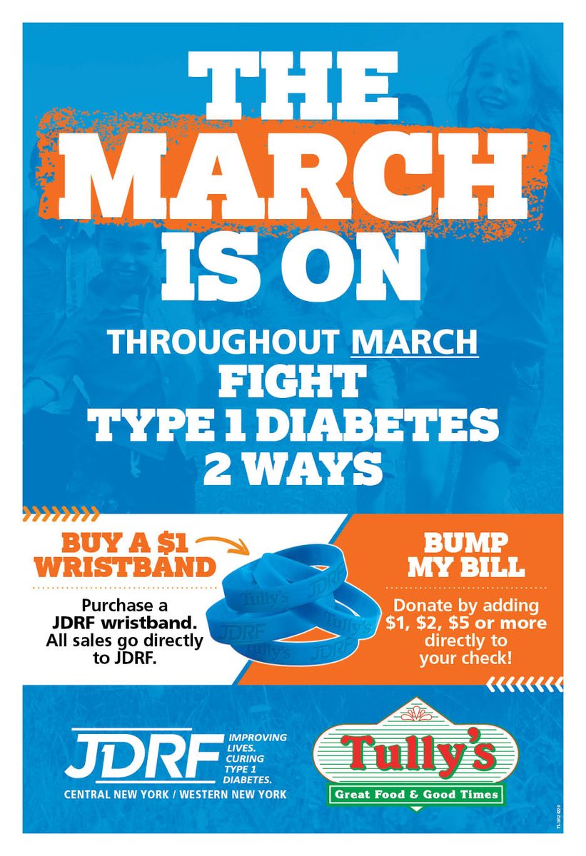 TullysGoodTimes's tweet photo. The MARCH is ON! Help Fight Type 1 Diabetes. Visit us any day during the month of March &amp; support JDRF by purchasing a JDRF wristband or bump up your bill. 
Let's Turn Type One into Type None! https://t.co/KFmU94MLCp