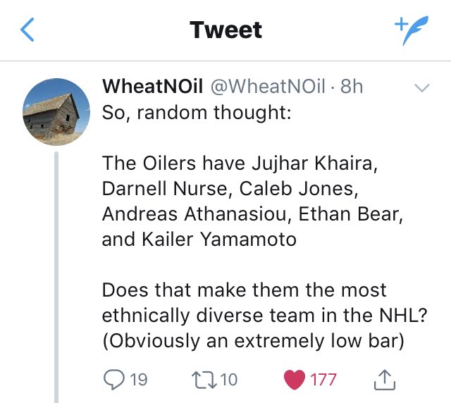 ExtraLars's tweet photo. .@AdamsOnHockey with a solid retort.😊🙏

I too, would like a winning team, but I am certainly proud of having a diverse team.

#FTW #OilersFans #CoolStat https://t.co/xBfRrLKCsM