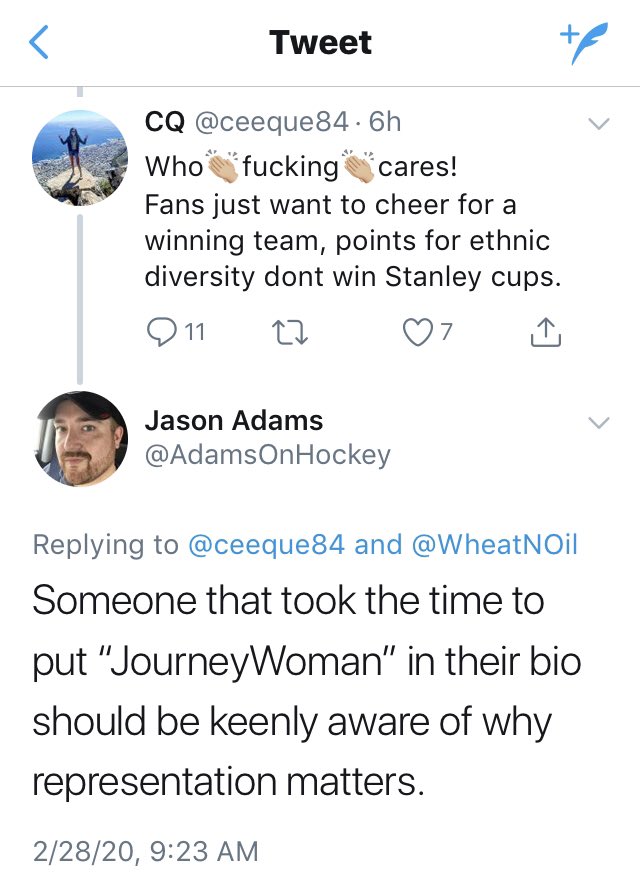 ExtraLars's tweet photo. .@AdamsOnHockey with a solid retort.😊🙏

I too, would like a winning team, but I am certainly proud of having a diverse team.

#FTW #OilersFans #CoolStat https://t.co/xBfRrLKCsM