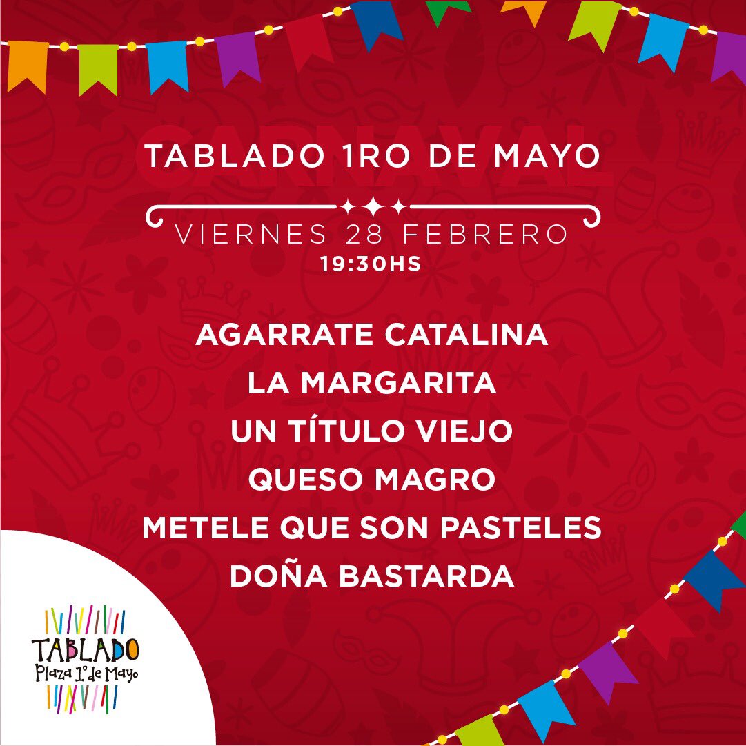 Noche de grandes murgas HOY VIERNES en el Tablado 1ero de Mayo!

- AGARRATE CATALINA
- LA MARGARITA
- UN TÍTULO VIEJO
- QUESO MAGRO
- METELE QUE SON PASTELES
- DOÑA BASTARDA

Si es Carnaval es en el Tablado 1ero de Mayo.🎭

🎟Entradas en reduts.com.uy y puntos de venta.