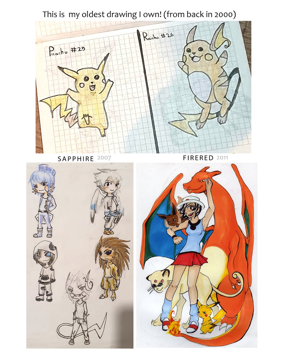 Here is...my pkmn art timeline since 2000!
I started drawing bc I wanted to draw pikachu and raichu, my alltime faves. 20 years later I haven't really stopped drawing (with my own ups and downs, but I'm still kicking and being overly attached to my pokemon teams)
#PokemonDay