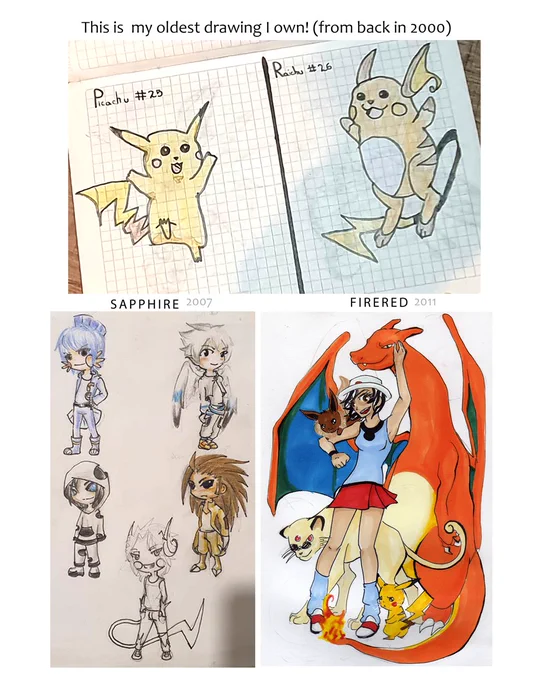 Here is...my pkmn art timeline since 2000! 
I started drawing bc I wanted to draw pikachu and raichu, my alltime faves. 20 years later I haven't really stopped drawing (with my own ups and downs, but I'm still kicking and being overly attached to my pokemon teams)
#PokemonDay 