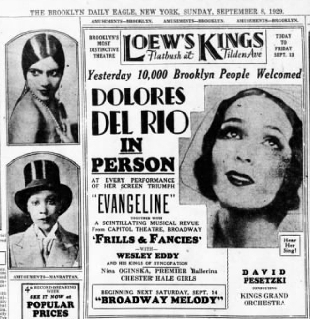 KingsBklyn's tweet photo. Another #throwback from our first year (1929) was the movie "Evangeline" starring Mexican-American actress Dolores Del Rio who appeared during every screening of this film. Can you imagine if this was still in-practice today? 🤩 #KingsAt90 https://t.co/zk7bH9GWlp