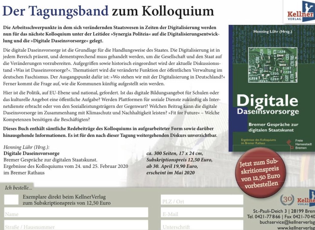 Spannende Diskussionen über „#Digitale Daseinsvorsorge“ bei den Bremer Rathausgesprächen zur Digitalen Staatskunst

Der Tagungsband kann ab sofort bestellt werden.
2./3. März 2021 finden die nächsten Bremer Gespräche zur Digitalen Staatskunst statt. 

#staatskunstbremen #Bremen