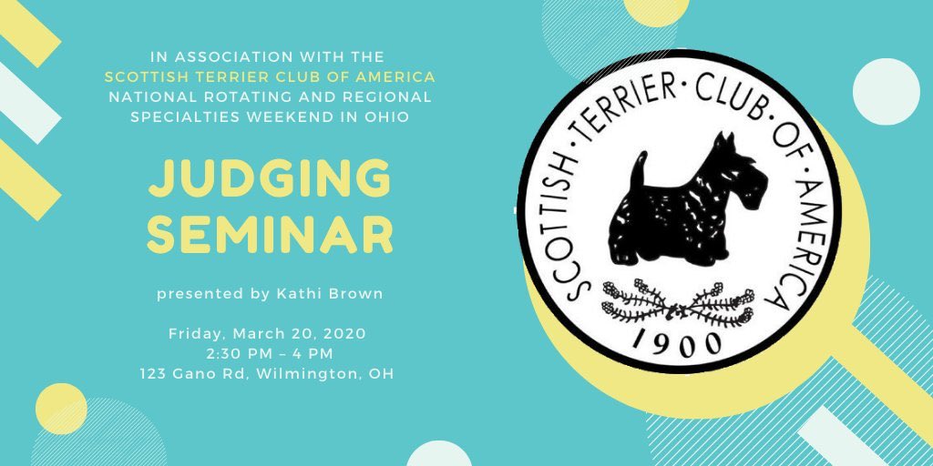 STCAScotties's tweet image. Find more information about our #ScottishTerrier judging seminar and the whole weekend at stca.biz/events-program…  @AKC_Gazette @CLUBSAKC #iamdogshows #scottiegroomersrock