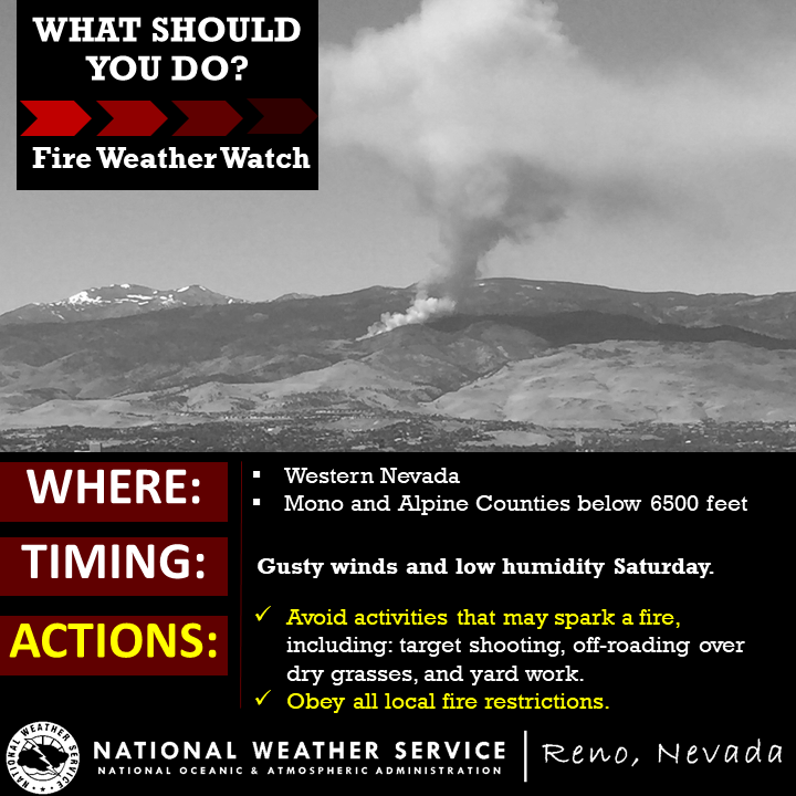Windy and dry Saturday! Lack of rain/snow in Jan-Feb, has led to dry fine fuels in the lower elevations of wrn NV &amp; the Ern Sierra. Help us to get the word out &amp; avoid activities that may spark a fire. Fire Weather Watch - forecast.weather.gov/product.php?si… #firesafety