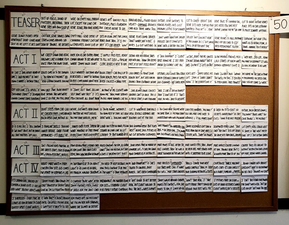TomSchnauz's tweet image. We love sharing how the sausage is made here at #BetterCallSaul, so here is the beat board that @petergould worked from to write ep 501, "Magic Man."
Some stuff didn't make it into final ep, like gift basket scene in Act 3.