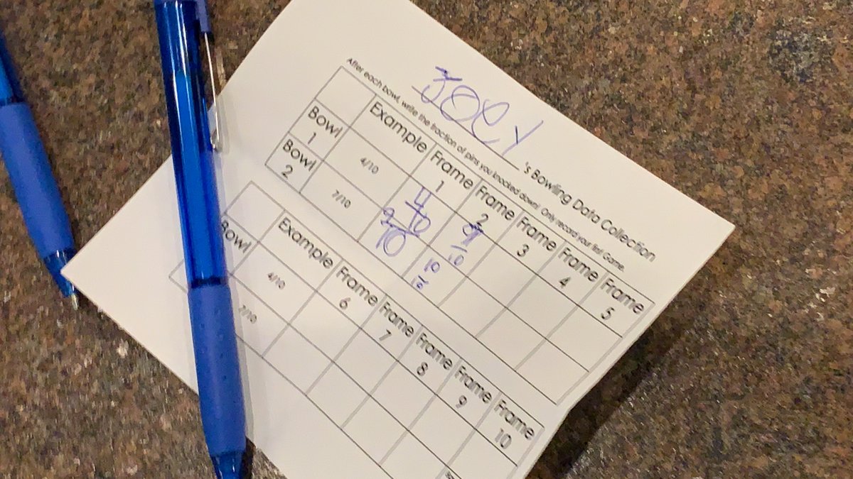TCEWillis's tweet photo. Today we extended our fraction, or equal parts, work to Pinheads Bowling Alley.  We found  that to keep score, the player's attempts are recorded using a fraction that represents the number of pins knocked down (numerator) over the number of total pins (denominator). https://t.co/PjUIPT34T0