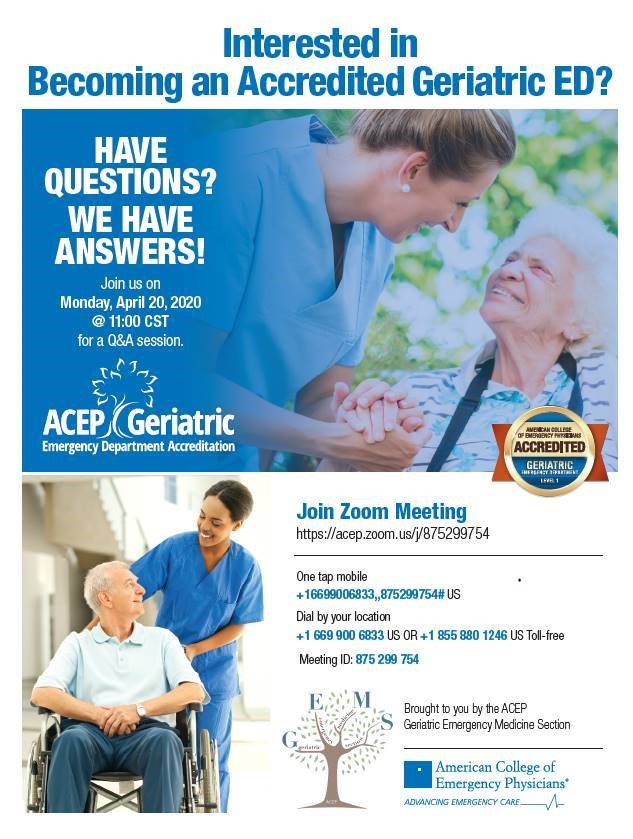 AdrianeLesser's tweet photo. Interested in #GeriED accreditation? @EmergencyDocs will be hosting a Q&amp;A Session on April 20. 

@gempodcast @GeriatricEDNews @AGEM_SAEM https://t.co/IsQMgJDUzI