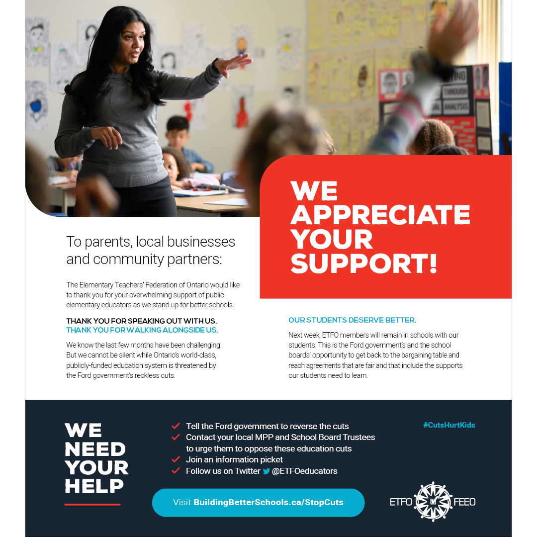 Parents, grandparents, workers, businesses and community members, THANK YOU for your support! Check out the ad #ETFO is running in papers across Ontario today. 

Elementary educators won't back down because #CutsHurtKids. #onpoli