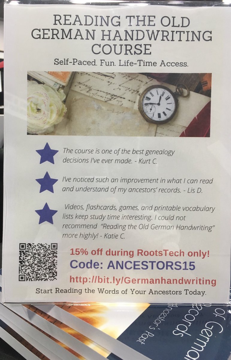 GermanUnlocked's tweet image. Come check out Reading the Old German Handwriting Online Course in the Expo Hall Demo Area at 5:20! Prize will be drawn after! #rootstech #Rootstech2020