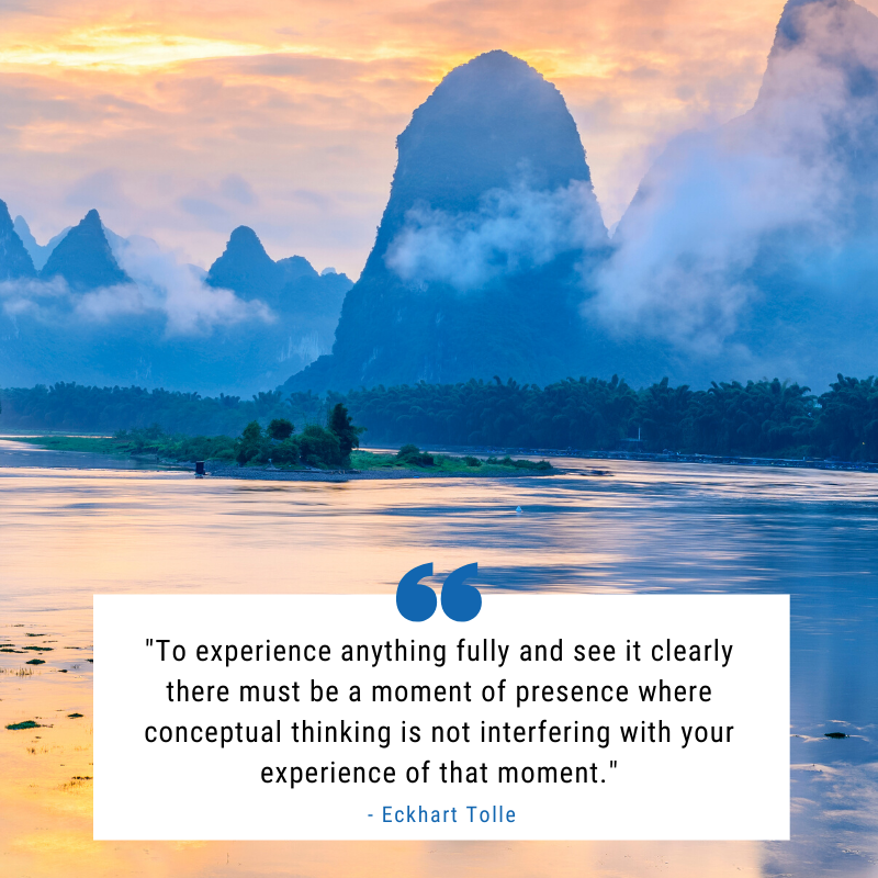 "To experience anything fully and see it clearly there must be a moment of presence where conceptual thinking is not interfering with your experience of that moment." - Eckhart Tolle