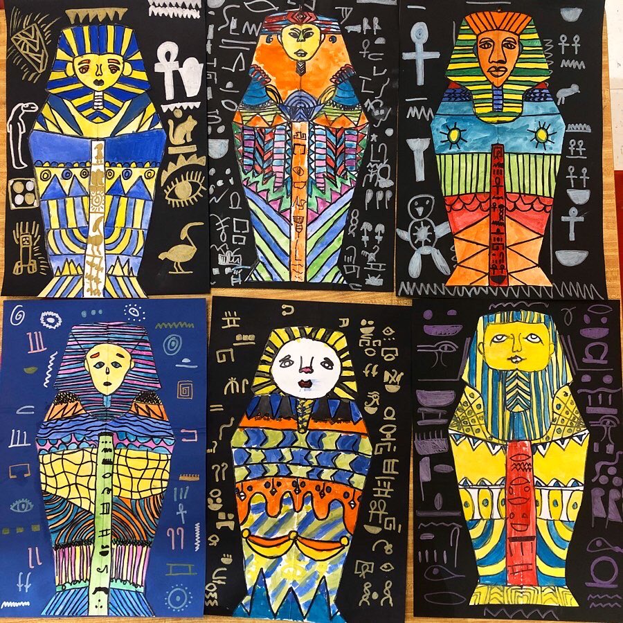 3rd grade has finished their Egyptian Sarcophagus projects! Sometimes I have expectations for how long a project SHOULD take, this one went a little longer than expected but the process was engaging and the product is beautiful! 😍 #thirdgradeart #rcsarts #internationalart