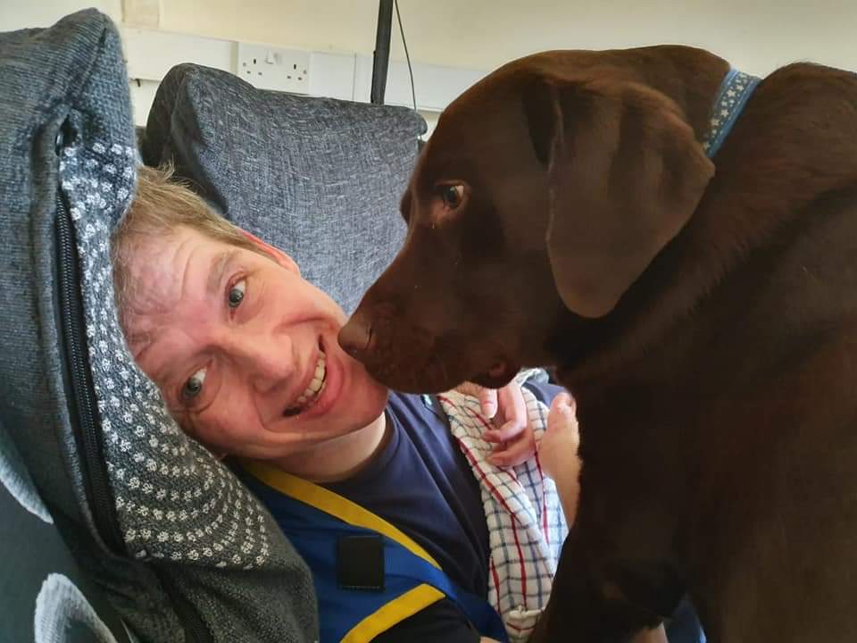 benwimbushSCORD's tweet photo. @davidredbutton @RoloWimbush Oh @RoloWimbush❤to give kisses 24/7 to anyone who will put up with it 😂😂💚Ben xx #benwimbushSCORD owner of #Rolowimbush #chocolatelab #assistancedog In training via #dogaid for #benwimbushSCORD #tetraplegic #wheelchairuser due to an #incomplete #SpinalCordInjury #dogsoftwitter https://t.co/D837inDRea