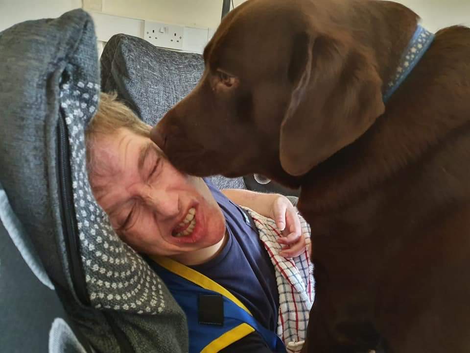 benwimbushSCORD's tweet photo. @davidredbutton @RoloWimbush Oh @RoloWimbush❤to give kisses 24/7 to anyone who will put up with it 😂😂💚Ben xx #benwimbushSCORD owner of #Rolowimbush #chocolatelab #assistancedog In training via #dogaid for #benwimbushSCORD #tetraplegic #wheelchairuser due to an #incomplete #SpinalCordInjury #dogsoftwitter https://t.co/D837inDRea