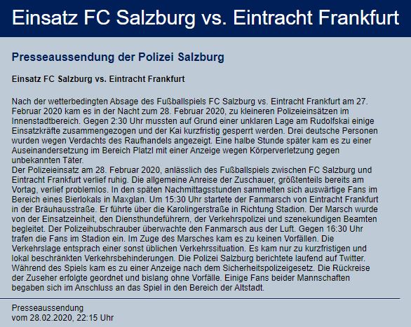 PolizeiSalzburg's tweet photo. Wir beenden unseren Twitter-Einsatz für heute und sagen danke für's Folgen. Hier noch unsere Presseaussendung zum Fußballspiel. #SALSGE https://t.co/pVjY974v6f