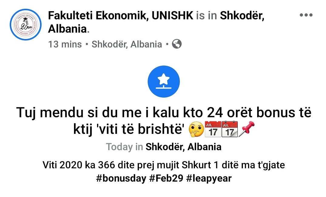 fe_unishk's tweet photo. 1 dite mà shum simjet prej 
4 x (5 orëve, 48 min, e 45 sek) te mbetuna nga 3 vitet e kalume kalendarike me nga 365 dit 📌🤓👩‍🏫👨‍🏫👨‍💻👩‍💻📅📆🌍 #vitibrishte 
#leapday2020 
#bonusday 
#Feb29 https://t.co/bSii9IxDEd