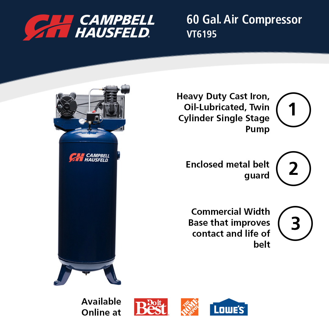 The Campbell Hausfeld 60 Gallon air compressor is ideal for grinding, sanding, painting or any job for a small shop, automotive enthusiast, or heavy DIY'er. #TheAirPowerExpert.